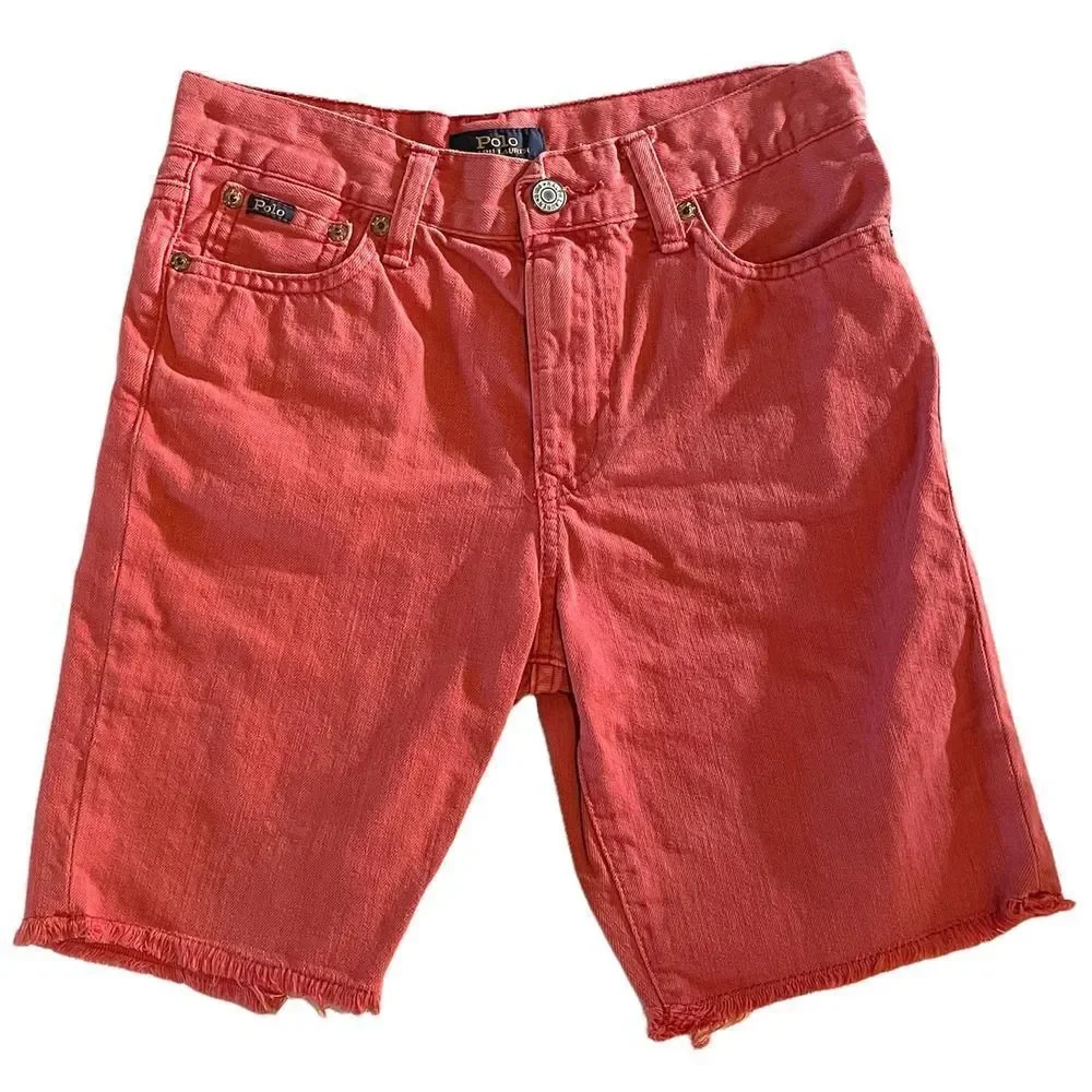 POLO Ralph Lauren Boys Red Denim Frayed Hem Bermuda Shorts 10-12